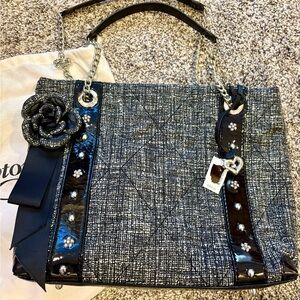 Brighton Black & Silver Tweed Tote with Floral Charm NWT